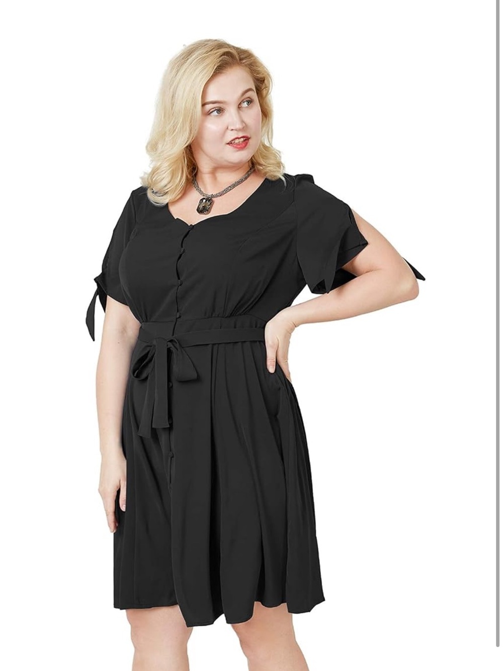 Plus Size Black Tie-Sleeve A-Line Dress with tie sleeves and button up size 20
